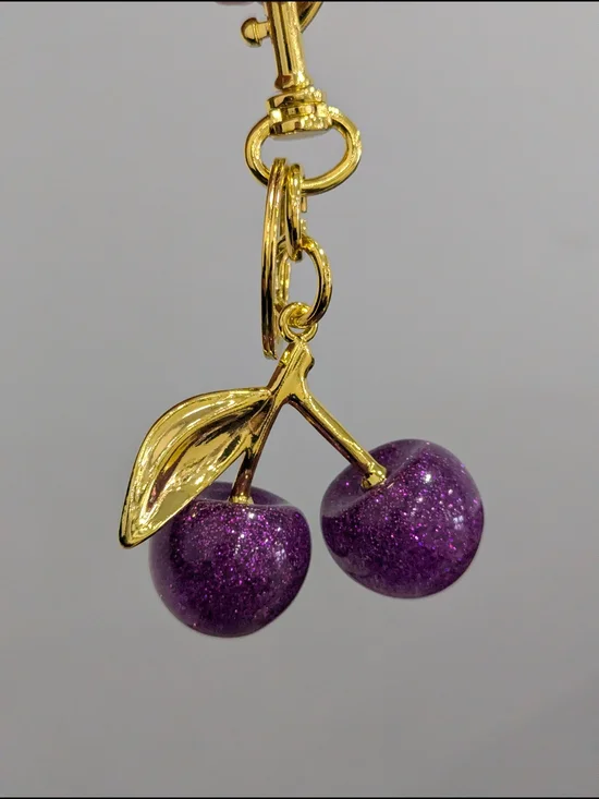 Purple Glitter Cherry Charm Keychain NWOT (Small)