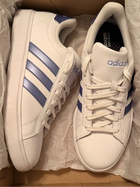 Adidas White Sneakers with Periwinkle Blue Stripes