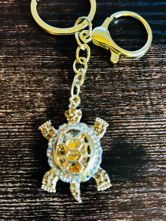 Gold Tone Rhinestone Crystal‎ Turtle Keychain