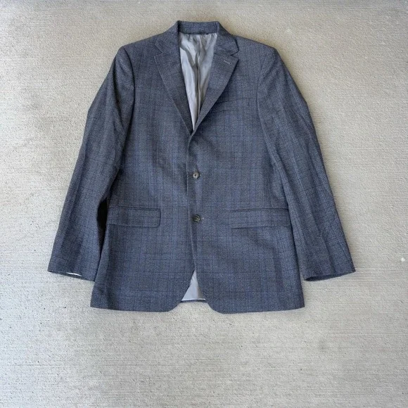 Spurr New York Men's Wool Blazer‎ 40L Gray Check Sport Coat Jacket 2-Button