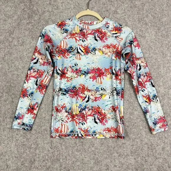 Molo Neptune LS Rash Guard Swim Shirt Youth 146 152 Blue Coral Fish UPF 40+