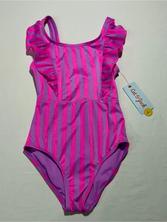 NWT Cat & Jack Hot Pink and Purple Stripe Ruffle Swimsuit