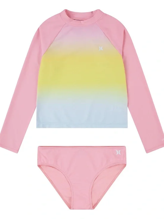 Hurley Girls' Long Sleeve Rash Guard 2-Piece Swimsuit, Pink Flamingo, 10 NWT
