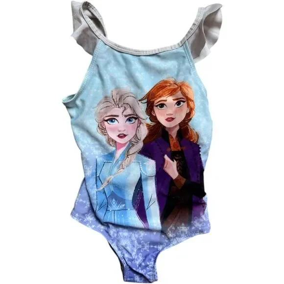 Toddler Girls Disney Frozen Ana Elsa Ruffle One Piece Swimsuit Bathing Suit - 5T