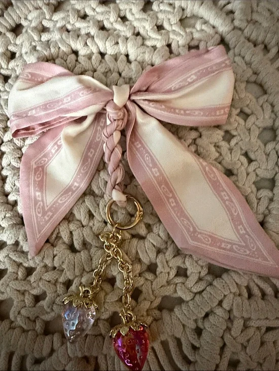 Pink and Cream Braided Bow Keychain with Strawberry Charms