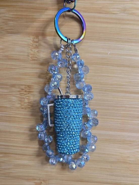 💎 Bling Rhinestone Tumbler Keychain Wristlet with Crystal Beads & Rainbow Hardw