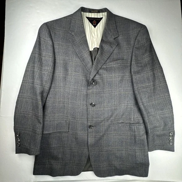 Vintage Tommy Hilfiger Mens Blazer 40R Grey Glen‎ Plaid 3 Button Made in USA