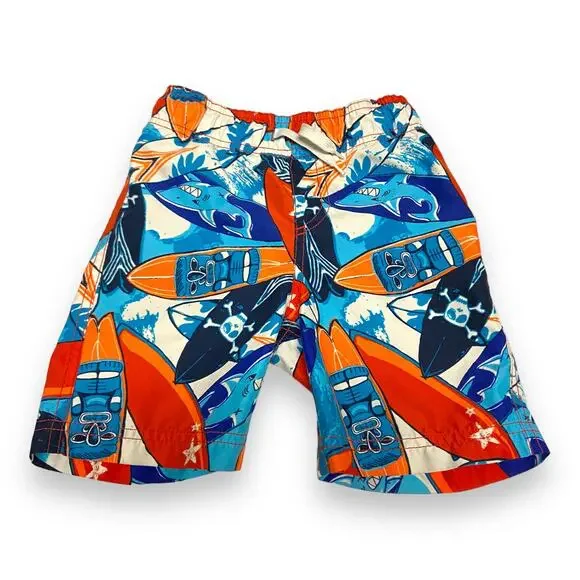 Children's Place Boys Swim Trunks XS 4 Tiki‎ Surf Sharks Orange Blue Shorts