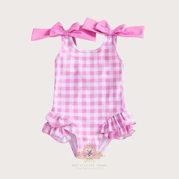 NWT Pretty Girls One-Piece Swimsuit Kids Swimwear Gingham Pink & White 6-12M