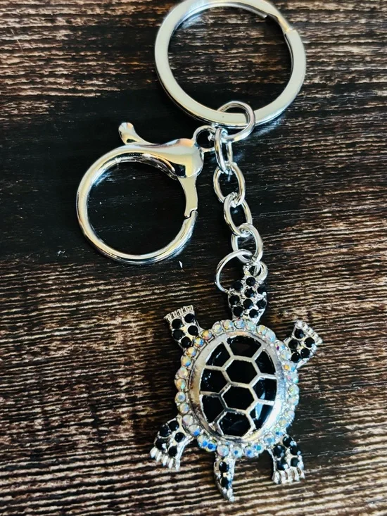 Silver Tone Turtle Crystal Keychain - Black and Clear Rhinestones‎