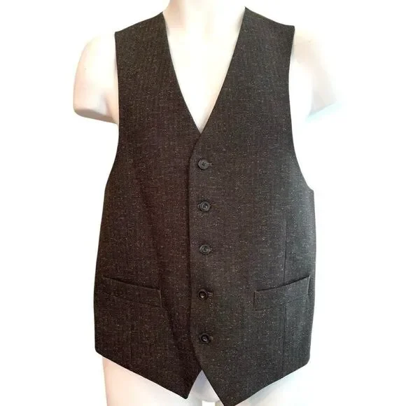 Mens Medium Dark Brown Button Front Vest Speckled Flecked Pockets Satin Lined