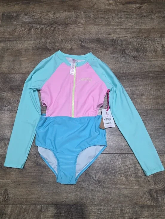 Justicr Long Sleeve Colorblock Rash Guard Swimsuit - Pink & Aqua Girls 14
