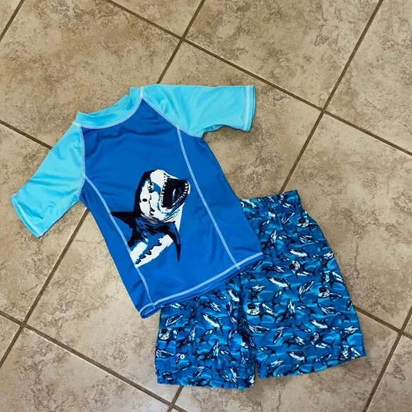O’Rageous Shark Swim Trunks and Rash Guard Top with Bonus Rash Guard