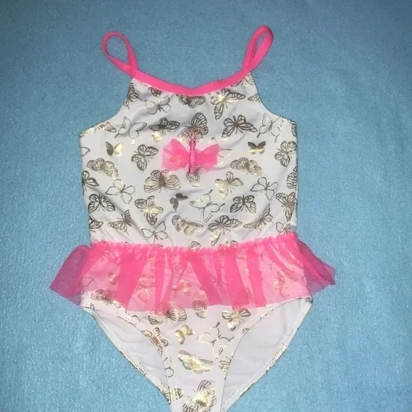 PENELOPE MACK Ltd. one piece swimsuit tutu ruffle gold butterflies lined size 6X