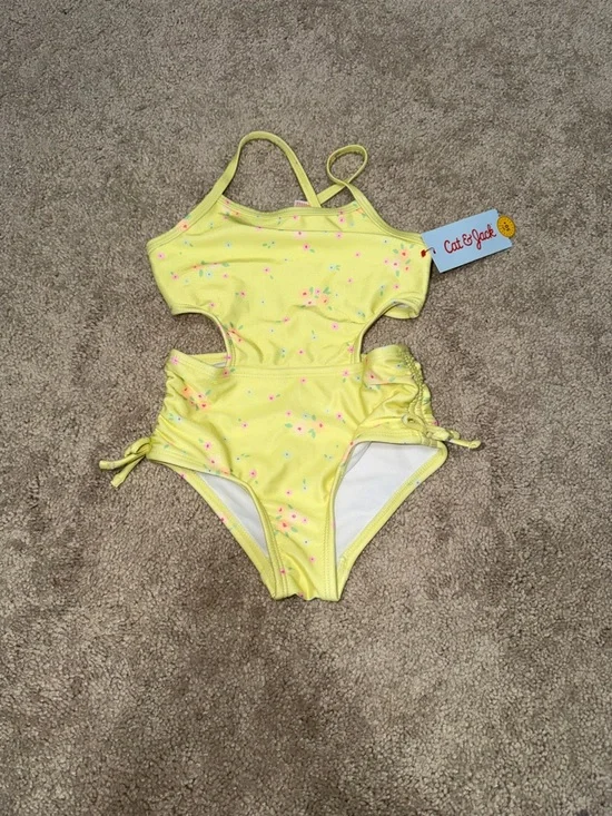 Cat & Jack Yellow Floral Cutout One-Piece Swimsuit with Pink & Blue Accents