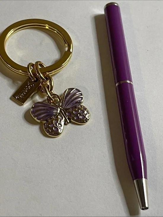 Coach Gold Butterfly Keyring with Purple Enamel and Coach Pen