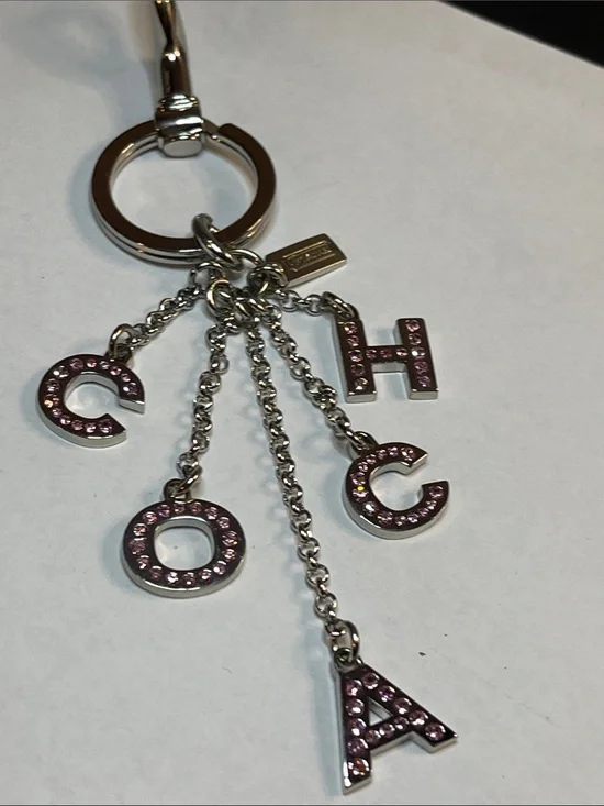 Coach Silver-Tone Initial Keychain/Bag Charm with Pink Crystals