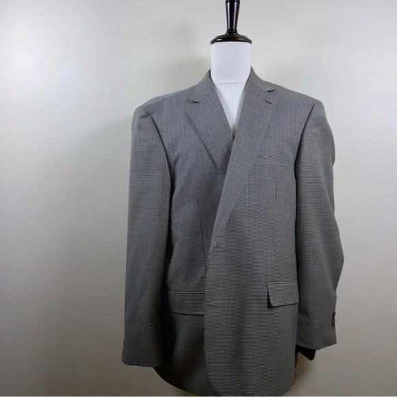 Oak Hill Men’s 2XL 50R 52R Beige Blue Houndstooth Poly‎ Blazer Sport coat