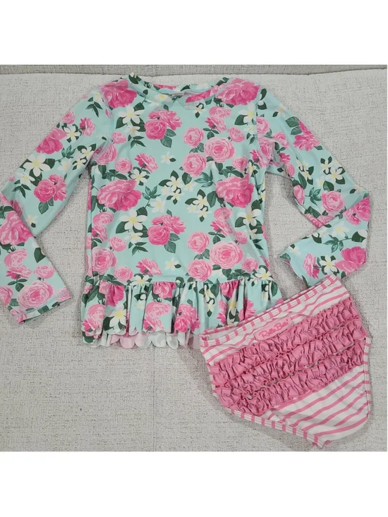 RUFFLE BUTTS GIRLS SIZE 8 Two Piece Rash Guard Swim Suit Pink Mint Blue Floral