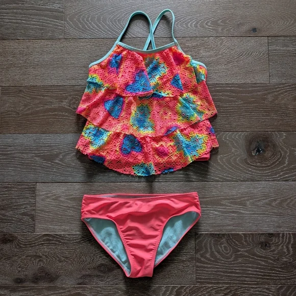 3/$15 - Wonder Nation Neon Coral Layered Ruffle Tankini Size Medium 7-8