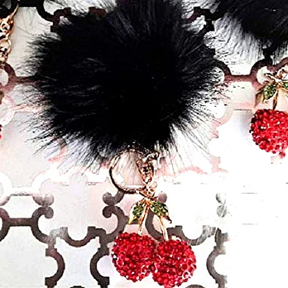 Crystal Cherries Bag Charm Key Chain Red w Black Faux Mink‎ Black Pom