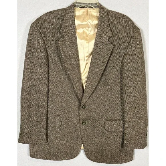 Vtg Lands End Blazer Mens 44S Brown Herringbone Wool Lambswool Made In USA