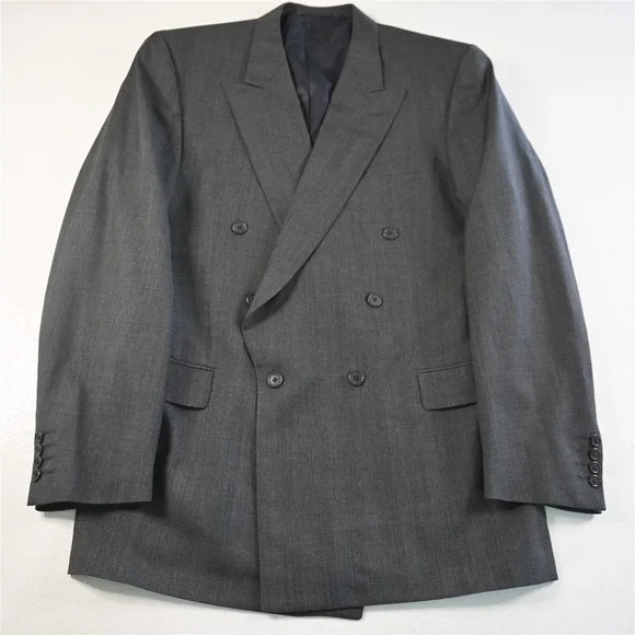 Vtg USA Double Breasted 42L Gray‎ Sharkskin Wool Blazer Suit Jacket Sport Coat