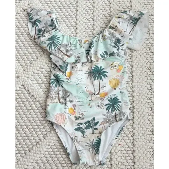 NWOT Toddler Girl Janie and Jack Beach Print Ruffle One Piece Swimsuit Size 3