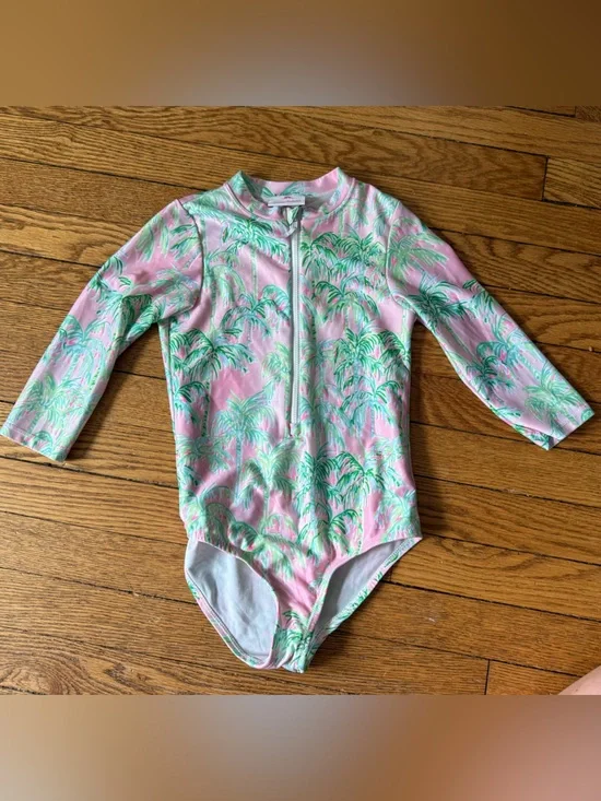 Tommy Bahama Pink and Green Palm Print One-Piece Swim Suit - Size 7 / 8