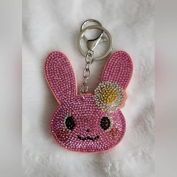 Sparkling Pink Bunny With Flower Keychain Spring Bag Charm