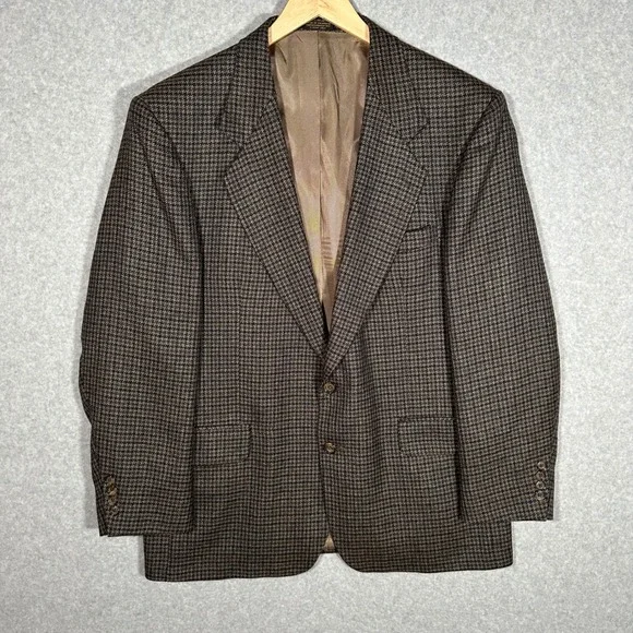 VTG Oscar de la Renta Mens Brown Houndstooth Wool Blazer Sport Coat 44R