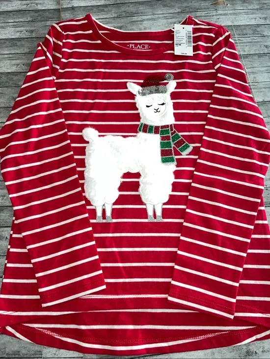 The Children's Place Red & White Striped Llama Holiday Tee