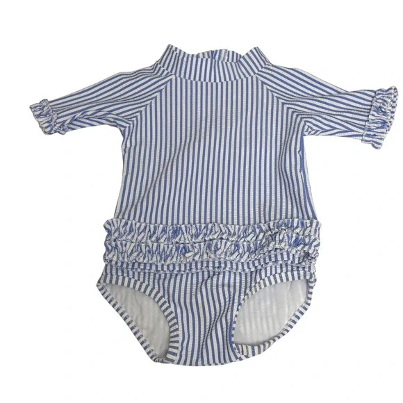 RuffleButts Baby Girl Blue White Seersucker Striped‎ Rash Guard Swimsuit 6-12m