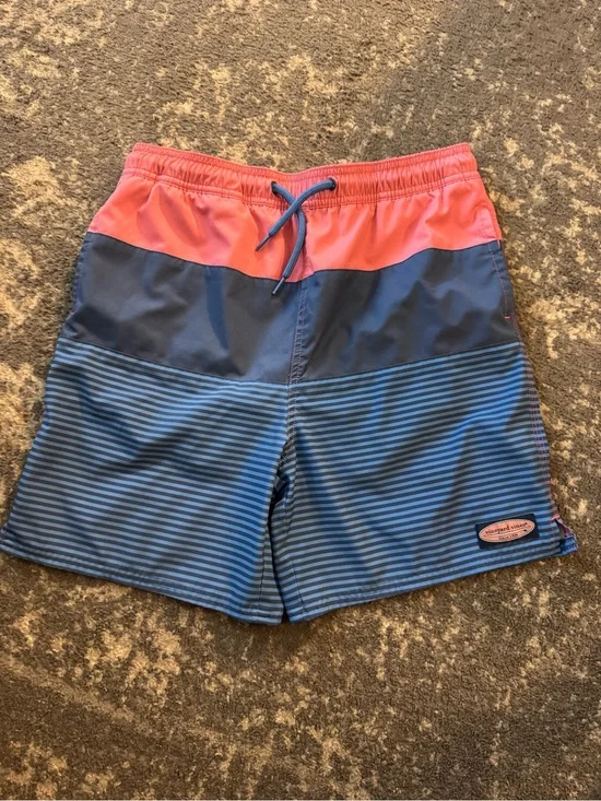 Vineyard Vines Kids Swim Trunks in Coral and Navy Blue