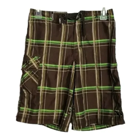 Boys Hurley Board Shorts Brown Green Plaid Size 12