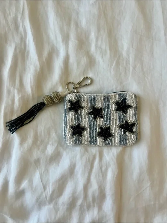 Wandering Moon INDIA~Beaded Pouch - Black and Gray Handmade Stars & Stripes NWOT