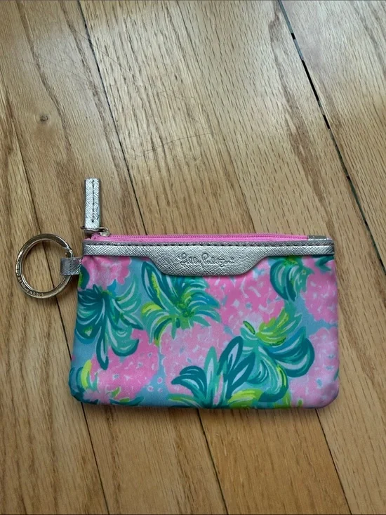 Lilly Pulitzer Pink Green Floral Key Pouch with Silver Trim