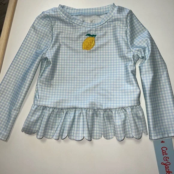 Cat & Jack Light Blue Gingham Rashguard with Yellow Lemon Patch