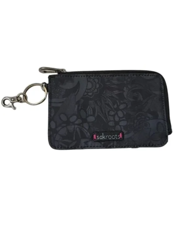 Sakroots Coin Purse Keychain ID Card Holder Black Grey Floral Art