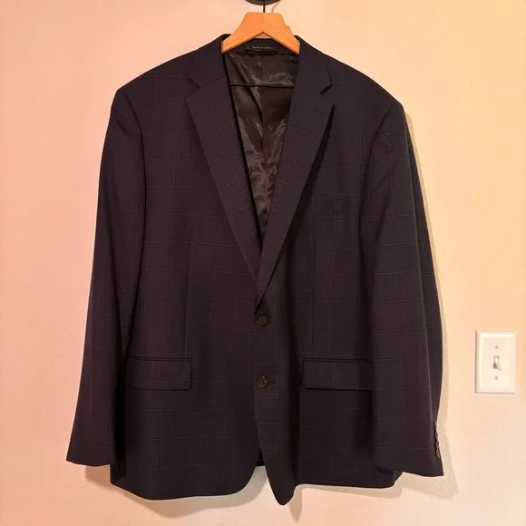 Lauren Ralph Lauren Blazer 50R Wool Blend Navy Blue Windowpane Plaid