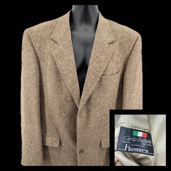 Carlo Valente‎ Blazer Mens XL Tan 100% Camel Hair Herringbone Sport Coat USA