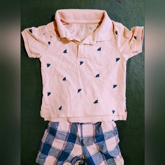 Baby 18-24 months sailboat polo and children's place pink navy stripe shorts‎