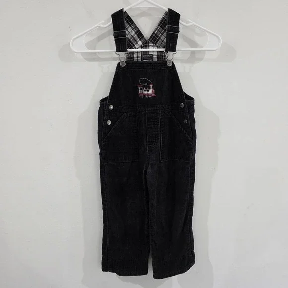 Vintage Childrens Place Boys Corduroy Train Overalls Size 3T Black Retro