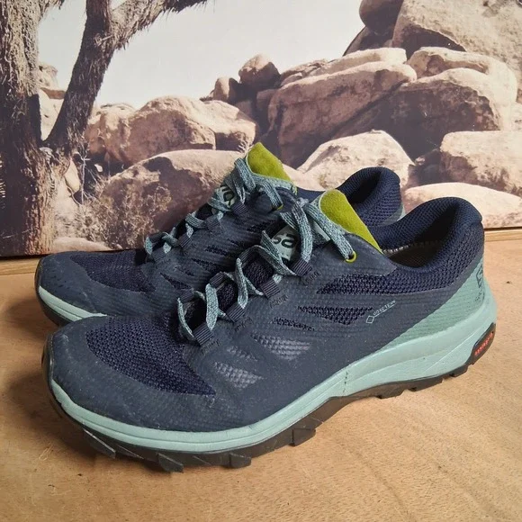 Salomon Gore-Tex Trail Running Shoes Womens 8 Navy Blue Green Waterproof Hiking