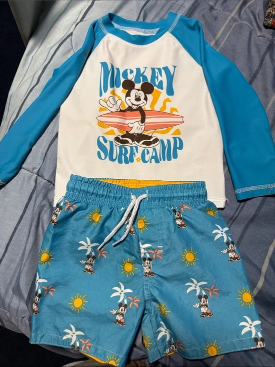 Disney Blue and White Mickey Surf Camp Rashguard Swim Set