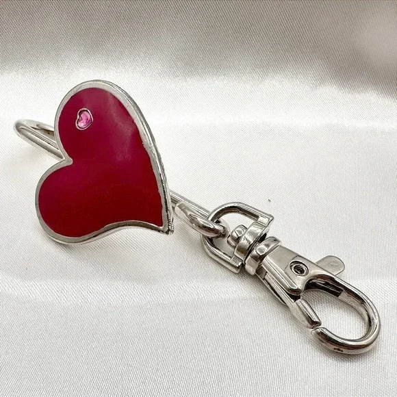 Vintage 80s Red Enamel Heart Charm Keychain Silver Tone Swivel Clip Bag‎ Jewelry