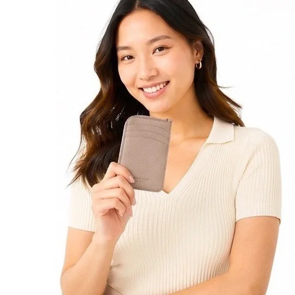 Kate Spade New York Pebbled Leather Zip Card Holder Key‎ Ring Taupe Mauve 11-11