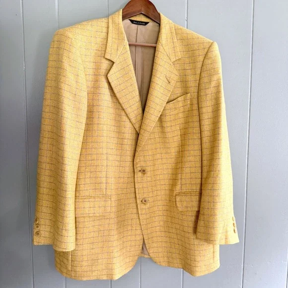Vtg Maus & Hoffman 100% Cashmere Blazer Mens 42R Yellow Windowpane Quiet Luxury