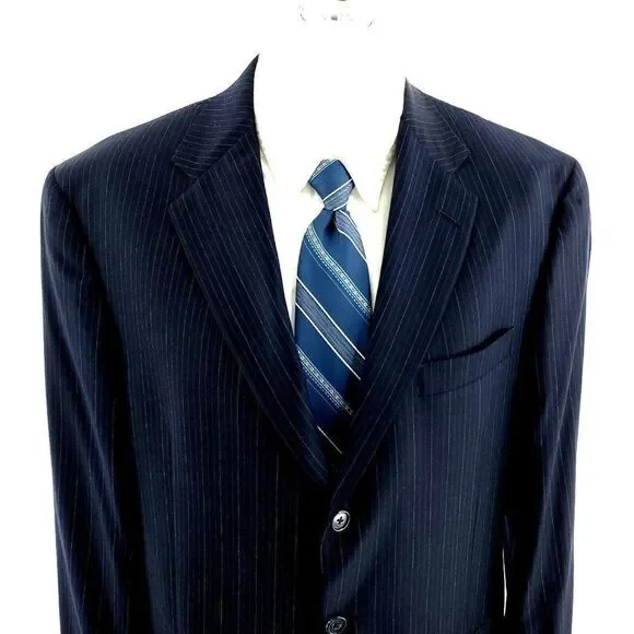 Hart‎ Schaffner Marx Wool 3 Button Suit Jacket 42L Blue W/ Blue Striped