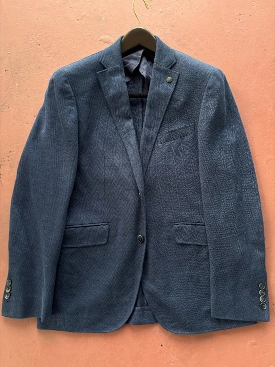 Hackett Mayfair Herringbone Blue Linen Cotton Blazer Jacket Half Lined US 40R